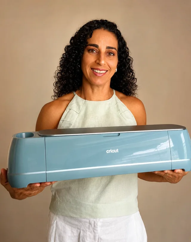 Larissa Minassa segurando uma máquina Cricut